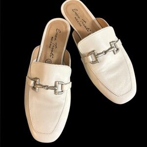 Enzo Tesoti white Cream Leather Loafers slip on mules with Silver Accent 38
